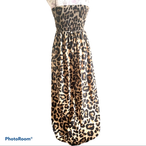 Leopard Print Strapless Smocked Hi-Lo Dress W/ Front Zipper Closure Womens Small - Picture 11 of 13